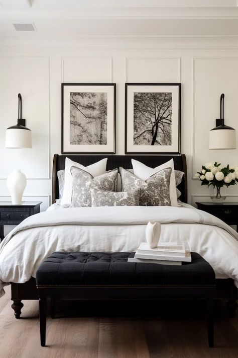 100+ Classic Black and White Bedroom Ideas Black Four Poster Bedroom Ideas, Black Bedframe Bedroom Ideas Cozy, Black Gray And White Bedrooms, Black And Ivory Bedroom, Bedroom Black Headboard, White Bedroom Black Furniture, 2023 Bedrooms, Black And White Bedroom Ideas Luxury, White Attic Bedroom