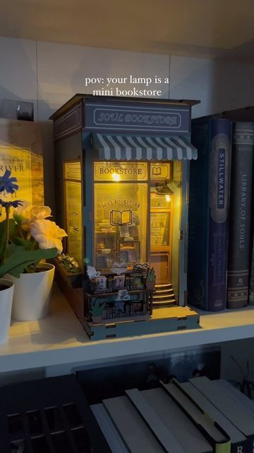 Nook’s Adventure on Instagram: "Link in our bio ✨A mini DIY bookstore lamp right in the comfort of your room 🪴💡• • • • #booknookstagram #booksbooksbooks #bookish #reels #diy #diycrafts #mini #bookstore #library #foryou #cozyhome #lamp" Book Nook Ideas Diy, Library Booknook, Mini Bookstore, Rh Dorm, Dollhouse Library, Library Lamp, Street Library, Bookshelf Aesthetic, Mini Library