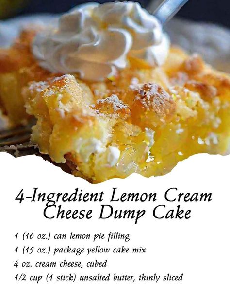 Lemon Cream Cheese Dump Cake, Cream Cheese Dump Cake, Lemon Dump Cake Recipe, Cheesecake Crescent Rolls, Lemon Cake Mix Recipe, Dump Recipes, Cake Mix Desserts, Dump Cakes, Lemon Cream Cheese