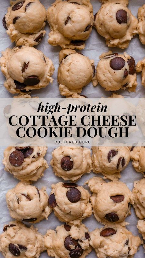 Cottage cheese protein cookie dough is the high-protein sweet snack you've been looking for! These cottage cheese cookie dough bites are safe to eat raw and taste just like the cookie dough pieces in ice cream. #cottage #cheese #cookie #dough Protein Cookie Dough With Cottage Cheese, High Protein Breakfast Bariatric, Yummy Healthy Treats, While Food Snacks, Protein Snacks With Cottage Cheese, High Protein Cottage Cheese Chocolate Chip Cookies, Cookie Dough Cottage Cheese Ice Cream, High Protein Snacks For Diabetics, Cottage Cheese Protein Bars