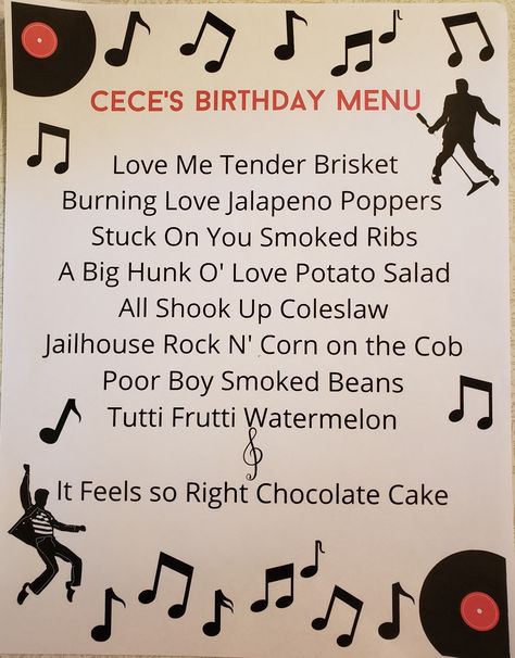 Fun Elvis food menu for an Elvis themed Birthday party 1948 Party Theme, Elvis Party Invitations, Elvis Week Activities, Elvis Presley Party Food Ideas, Elvis First Birthday Party Ideas, Elvis Food Ideas, Elvis Presley Party Theme, Elvis Themed Birthday Party Ideas, Elvis Presley Themed Birthday Party