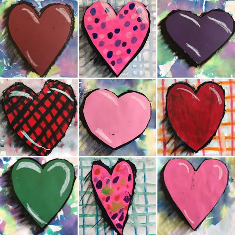 Mixed Media Hearts Ideas, February Elementary Art Projects, Heart Art Lesson, Valentines Art Lessons, Heart Lesson, February Art, Heart Art Projects, Valentine Art Projects, Jim Dine