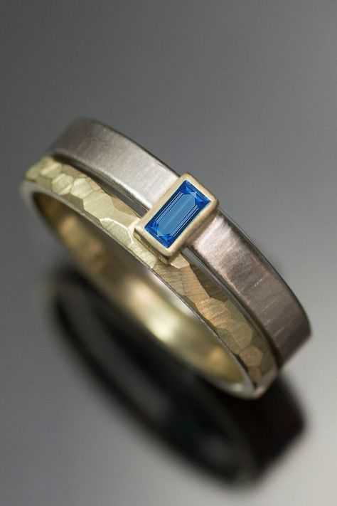 Blue sapphire baguette gender neutral engagement ring wedding band set by LOLiDE Unique Mens Engagement Rings, Masc Lesbian Engagement Rings, Masc Ring, Masc Engagement Ring, Gender Neutral Engagement Rings, Lesbian Engagement Ring, Faceted Wedding Bands, Branch Engagement Ring, Modern Wedding Rings