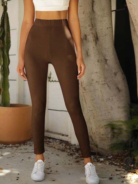 Dark Brown Leggings, Shein Stuff, Shein Basics, Comfy Fall Outfits, Brown Leggings, Women Bottoms, Women Leggings, Solid Leggings, Men's Beauty