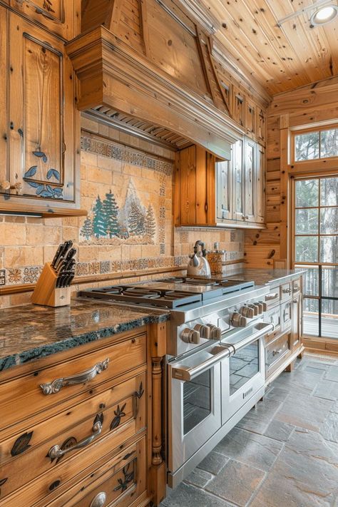 Discover the perfect blend of rustic charm and modern elegance with our cabin kitchen ideas. Whether you're dreaming of a cozy nook in a small log cabin or envisioning a spacious  retreat, we've got you covered. From remodels that retain a hint of the wilderness to traditional designs featuring black bears and other thematic elements. Get inspired by unique backsplash options that perfectly complement the rustic ambiance of cabin living. Cabin Kitchens Rustic, Log Cabin Kitchen Ideas, Cabin Kitchen Ideas, Kitchen Ideas Rustic, Rustic Cabin Kitchen, Log Cabin Kitchens, Backsplash Options, Log Cabin Kitchen, Cabin Kitchen Decor