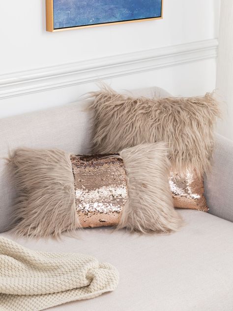 Mocha Brown Modern   Polyester Colorblock Pillowcases Embellished   Home Decor Beige Gold White Bedroom, Cushions For Sofa, ليلو وستيتش, Sequin Cushion, Sequin Crafts, Bedroom Cushions, Chic Pillows, Table Sofa, Sofa Cushion Covers