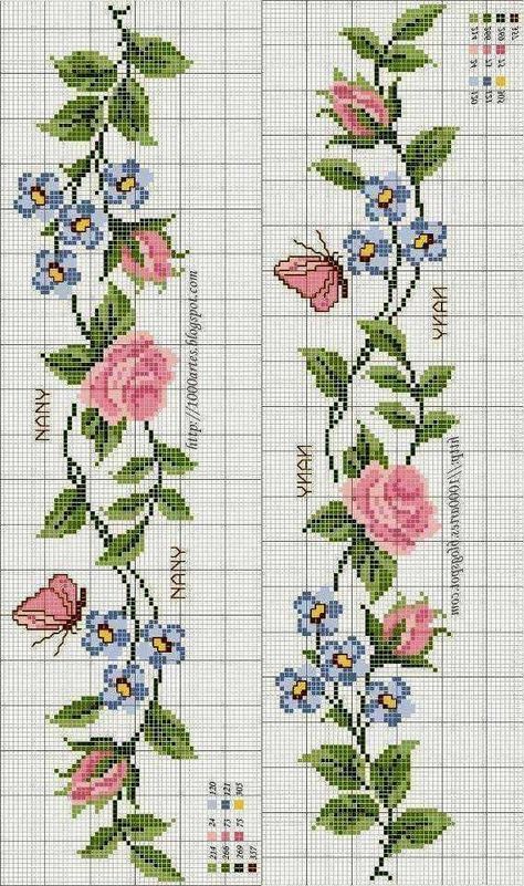 bordados a mano Cross Stitch Boarders, Cross Stitch Necklace, Cross Stitch Numbers, Rose Cross Stitch Pattern, Cross Stitch Border Pattern, Floral Cross Stitch Pattern, Beautiful Cross Stitch Pattern, Pola Kristik, Beautiful Cross Stitch