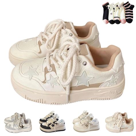 PRICES MAY VARY. 🌟 Fashionable Design: Adorned with charming star-shaped embellishments and a trendy thick sole, these sneakers elevate your style with a touch of whimsy and a vintage Y2K aesthetic. Perfect for making a bold statement in any casual setting. 🌬️ Breathable Comfort: Perforations on the shoe front ensure air circulation, keeping your feet fresh and comfortable throughout the day. High-quality material insoles enhance all-day wear pleasure, making these sneakers an ideal choice for Shoes Cheap Cute, Amazon Sneakers, Caps Shield, Cute Platform Shoes, All Star Aesthetic, Walking Sneakers For Women, Shoes For Sports, Casual Shoes Women Sneakers, Y2k Nostalgia