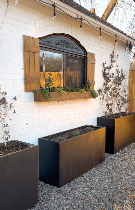 Long Planter Boxes, Front Yard Planters, Yard Planters, Backyard Planters, Brick Planter, Garden Planter Ideas, Rectangle Planters, Porch Flowers, Diy Planter Box