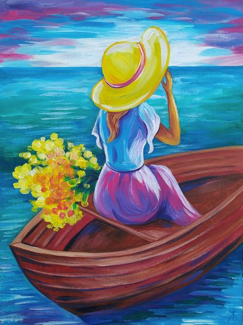 Anastasia Kozorez, Water Woman, Canvas Painting For Beginners, Sea Boat, Flowers Acrylic, Painting Woman, Small Canvas Paintings, Diy Watercolor Painting, Canvas For Beginners