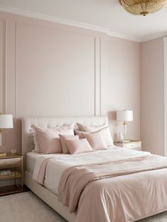 Light Pink Accent Wall, Sophisticated Girls Room, Pale Pink Bedrooms, Pink Teen Bedrooms, Pink Accent Wall, Dusty Pink Bedroom, White Platform Bed, Girls Bedroom Lighting, Rose Gold Bedroom