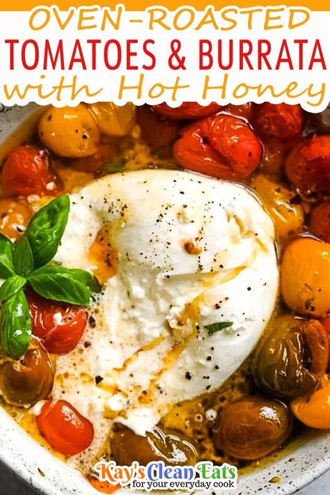 Honey Appetizers, Roasted Tomatoes Recipe, Tomatoes Burrata, Roasted Tomato Recipes, Hot Honey Recipe, Burrata Recipe, Toasted Baguette, Tomatoes On Toast, Oven Roasted Tomatoes