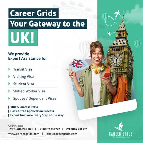 Ready to begin your UK adventure? Look no further than Career Grids! We specialize in All types of Visa Applications and offer Expert Guidance to make your UK journey a success. With a 100% success rate, your path to working in the UK starts here. Contact us today, and let's get you on the right track. #CareerGrids #jobs #career #recruitment #nurse #nurses #nursingjobs #nursingcareers #nursingrecruitment #nursing #nhsrecruitment #nhsjobs #uknursingjobs #staffnurse #healthcarerecruitment Visa Service Poster, Visa Consultancy Social Media Post, Study Overseas, Uk Adventure, College Poster, Study In Uk, Education Poster Design, Career Pathways, Friendship Photos