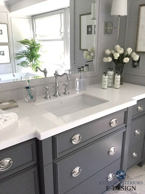 Benjamin Moore  City Shadow--The 6 Best Paint Colours for a Bathroom Vanity – Including White! Painted Vanity Bathroom, Room Vanity Ideas, Painting Bathroom Cabinets, Black Paint Color, Interior Simple, Grey Bathroom Vanity, Painted Vanity, Popular Paint Colors, Interior Vintage