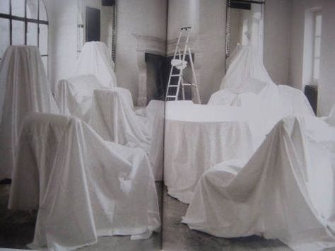 Furniture covered in dust sheets. Set Theatre, Contemporary Art Installation, Designer Bedding Sets, White Sheets, Theatre Design, White Room, Arabian Nights, In The Room, Creative Ads