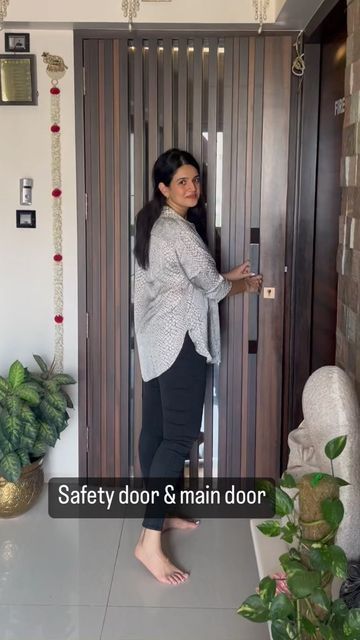 Main Door And Safety Door Designs, Main Door With Safety Door Design, Wooden Safety Door Design, Jaali Door Design Wooden, Jaali Door, Safety Door Design Entrance, Teak Wood Main Door Design, Wood Door Frame, Lift Lobby