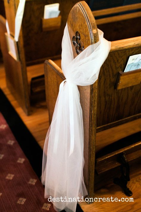 Pew Tulle Decorations Wedding, Boutineer Placement On Shirt, Pew Clips Weddings, Tulle Pew Decorations, Simple Pew Ends, Diy Wedding Pew Decorations, Pew Decorations Wedding Simple, Wedding Aisle Decorations Pews, Pew Bows Wedding Church