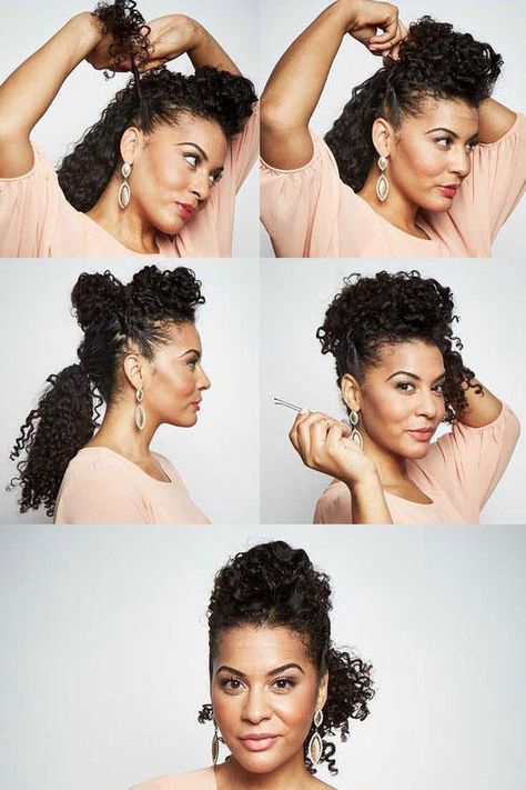 Half-Up Twisted Pompadour Cute Hairstyles For Curly Hair, Easy And Cute Hairstyles, Southern Hair, Smart Hairstyles, Curly Hair Up, Half Bun Hairstyles, Curly Hair Ponytail, Curly Bun Hairstyles, Biracial Hair