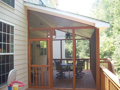 Screen Porch off kitchen leading down to large deck. Add Screen Porch To Existing Deck, Add On Screen Porch, Slant Roof Porch, Covered Deck With Pergola Attached, Lean To Screened In Patio, Screen In Existing Deck, Add A Roof To A Deck, Covered Deck Ideas On A Budget Roof, Deck Turned Into Screened In Porch