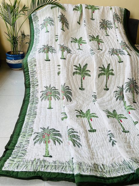 Palm Tree Block Print, Tree Block Print, Jaipuri Razai, Indian Quilt, Cotton Voile Fabric, Block Print Quilt, Floral Quilt, Printing Design, Reversible Quilt