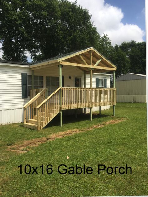 Porch Plans Mobile Home, Diy Porch For Mobile Home, Deck For Trailer House, Gable Porch On Mobile Home, Porch With Peaked Roof, Small Front Porch Ideas For Mobile Homes, Small Front Porch For Mobile Home, Double Wide Front Porch Ideas Steps, Front Porch Mobile Home Ideas