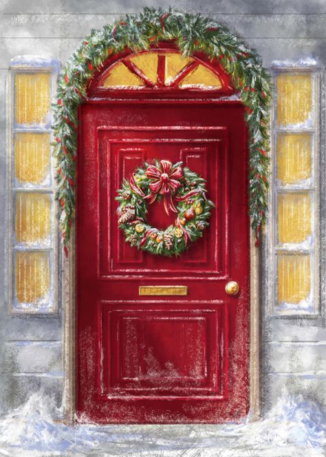 Vintage Christmas Images, Advocate Art, Christmas Drawing, Red Door, Christmas Scenes, Noel Christmas, Vintage Christmas Cards, Christmas Mood, Christmas Paintings