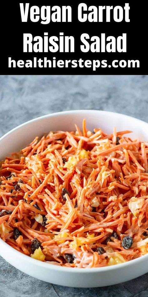 Vegan Carrot Raisin Salad is packed with flavor, shredded carrot, raisins, pineapple chunks with vegan mayonnaise. Its the perfect salad for picnics, cookout or potlucks, everyone will love it Shredded Carrot Recipe, Salads For Picnics, Raisin Salad, Carrot Raisin Salad, Carrot Salad Recipes, The Perfect Salad, Vegan Coleslaw, Daily Dozen, Perfect Salad