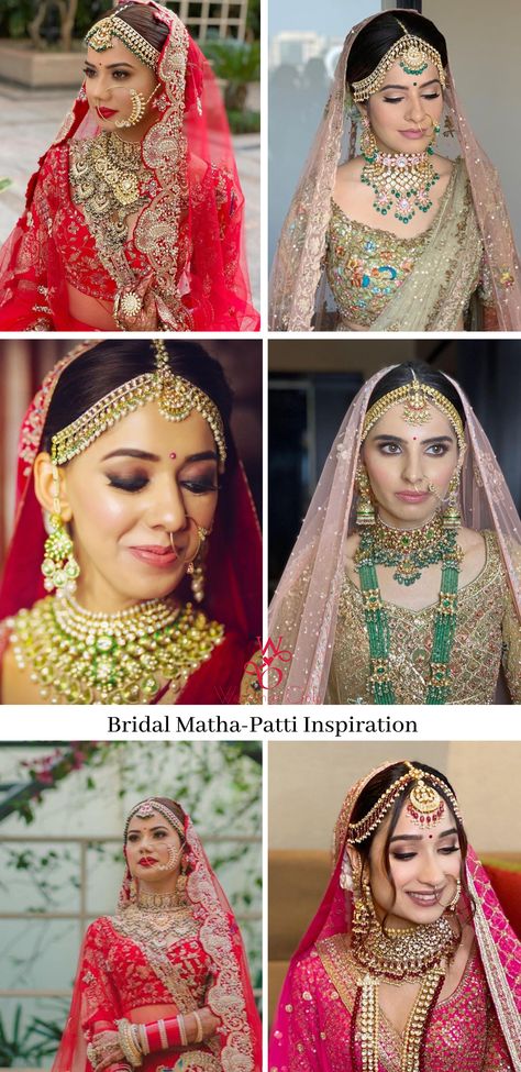 Matha Patti is an integral part of the Bridal look. It is an elaborated version of a maang tikka, worn along the forehead. Although it is a piece of traditional jewellery, it has become a style statement now. From the gorgeous oversized ones, multi-layered to the lightweight ones, it is quite a task to pick one. Here’s our curated list of trendy Matha-Patti designs which will steal the hearts of soon-to-be-brides. #mathapatti #indianbrides #bridetobe #weddingsonly #indianwedding #wedding #makeup Indian Bride Hairstyle With Matha Patti, Mata Patti Bridal, Bridal Tikka Indian, Mathapatti Brides Hairstyle, Bridal Hairstyles With Matha Patti, Brides With Mathapatti, Matha Patti With Open Hair, Matha Patti Hairstyles Brides, Hairstyles With Matha Patti Wedding Bride