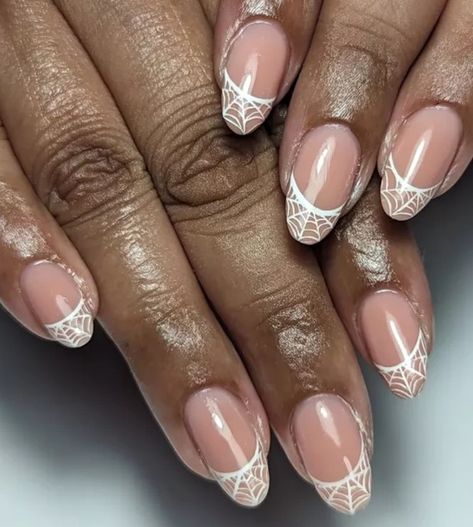 Halloween Nails Trendy, Clear Halloween Nail Designs, Autumnal French Tips, Nude Pumpkin Nails, Nail Inspo Halloween Simple, Short Almond Halloween Nails Designs, Halloween Nails Neutral, Spiderweb French Tip, Nude Halloween Nail Designs