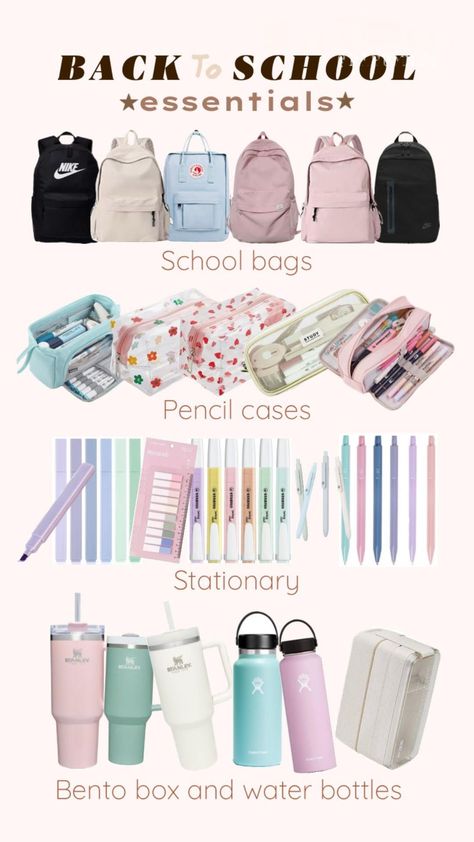 Cute School Supplies Aesthetic, Highlighters Pastel, Pencil Case Essential, School Bag Organization, School Supplies Aesthetic, Japanese School Supplies, Pink Pencil Case, Middle School Essentials, Supplies Aesthetic