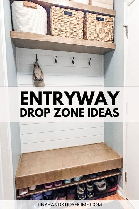 Baskets, shelving, hooks, shoes storage, floor mat, and a built-in bench in a small entryway drop zone. The text over the image reads, "DIY home drop zone". Home Drop Zone, Small Drop Zone Ideas, Small Drop Zone, Drop Zone Ideas Entryway, Entryway Drop Zone, Dining Room Conversion, Drop Zone Ideas, Small Mudroom Ideas, Mudroom Remodel