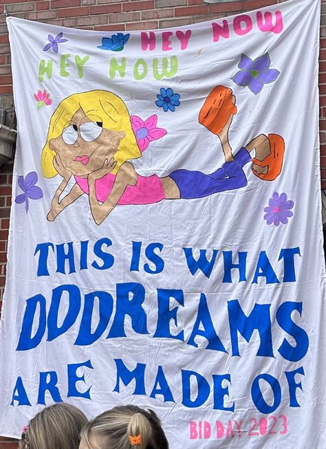 Lizzie Mcguire Bid Day Theme, Y2k Bid Day Banner, Best Bid Day Themes, Lizzie Mcguire Bid Day, 2000s Sorority Theme, Y2k Rush Theme, Disney Sorority Theme, Big Little Banner Ideas, Y2k Bid Day Theme