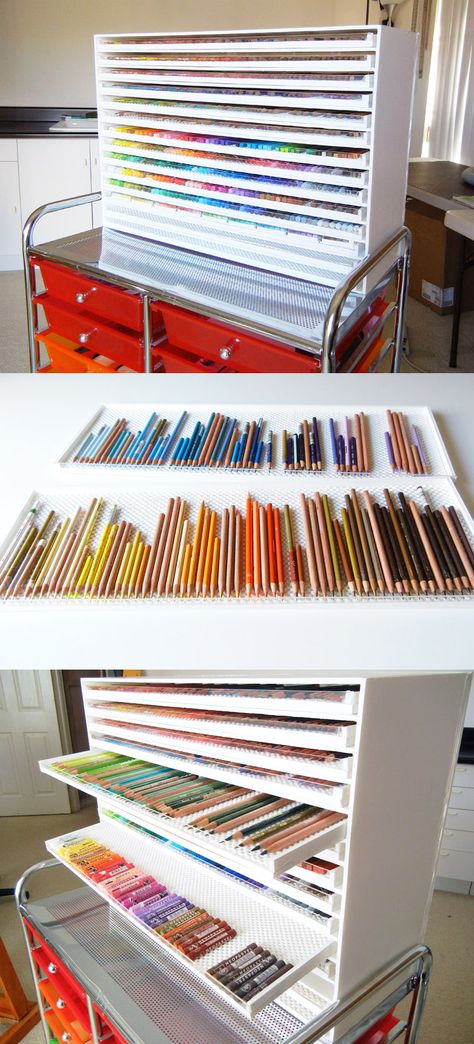 DIY Art Media Storage Unit - instructions Art Rack Storage, Artist Pencil Storage, Art Pen Storage, Diy Pencil Storage, Horizontal Marker Storage, Diy Marker Storage Organizers, Color Pencil Storage Ideas, Diy Art Organizer, Colored Pencil Organizer