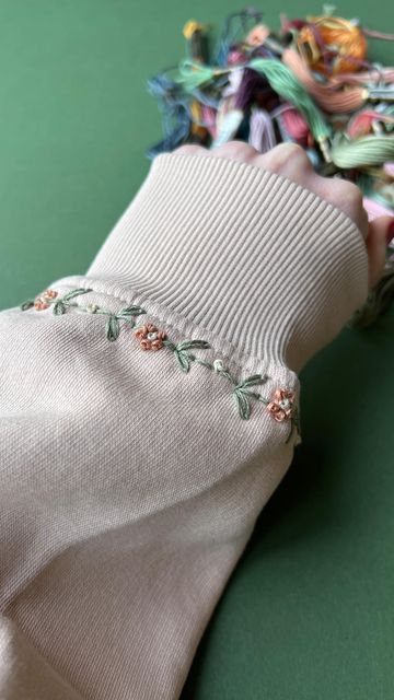 Embroidered Sleeves Cuff, Embroidery On Sleeves Cuffs, Embroidery Aesthetic, Cuff Embroidery, Cool Embroidery, Christmas Tree Embroidery Design, Christmas Tree Embroidery, Curated Closet, Diy Clothes Design