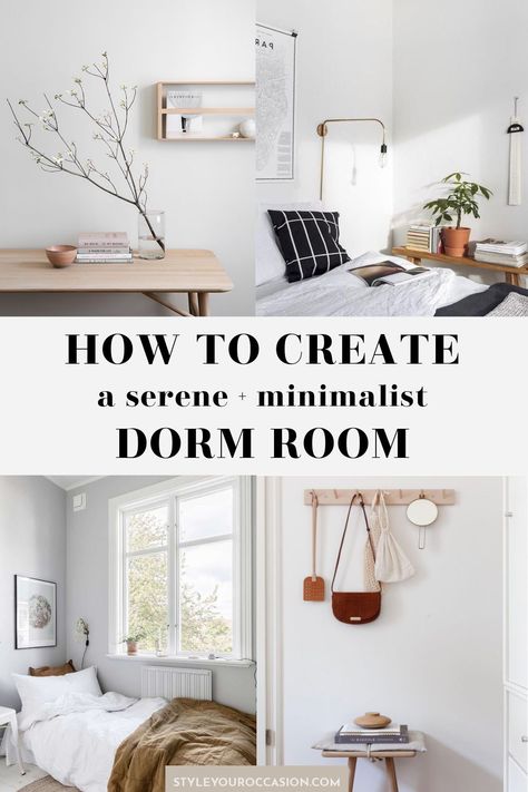 Looking for dorm room ideas for girls college or a minimalist dorm for guys or girls? Get inspired with these serene, minimalist dorm room ideas so you can make your own small spaces feel uncluttered, serene, and with a peaceful aesthetic. Single Dorm Room Ideas Minimalist, Easy Dorm Decor, Single Room Dorm Ideas, Dorm Inspiration Minimalist, Modern Dorm Room Ideas, Minimal Dorm, Minimalist Dorm Room, Modern Dorm Room, Single Dorm Room