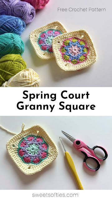 Sweet Softies: Spring Court Granny Square · Free Crochet Pattern Crochet Small Granny Square Free Pattern, Granny Square Crochet Patterns Free Flower, Mini Granny Squares Pattern, Crochet Mini Granny Squares Free Pattern, Granny Square Keychain Pattern, Crochet Grannie Square, Fancy Granny Square Crochet, Spring Granny Square Crochet, Granny Square Ideas Free Pattern