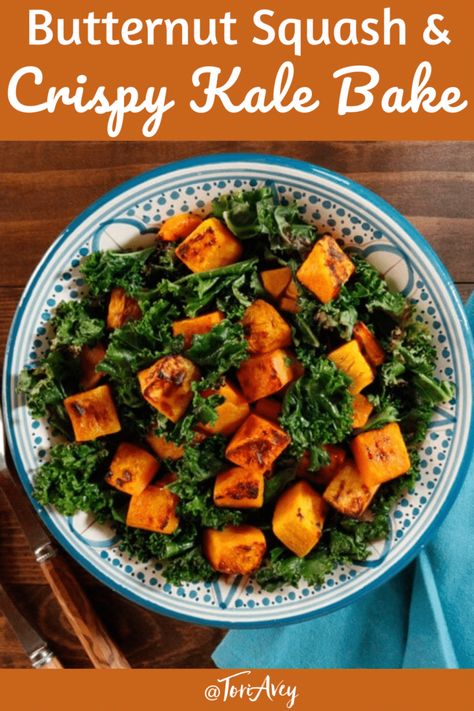 Butternut Squash Recipes Vegan, Kale Bake, Vegan Butternut Squash Recipes, Potato Kale Salad, Butternut Squash Kale, Crispy Kale, Baked Kale, Butternut Squash Cubes, Baked Butternut Squash