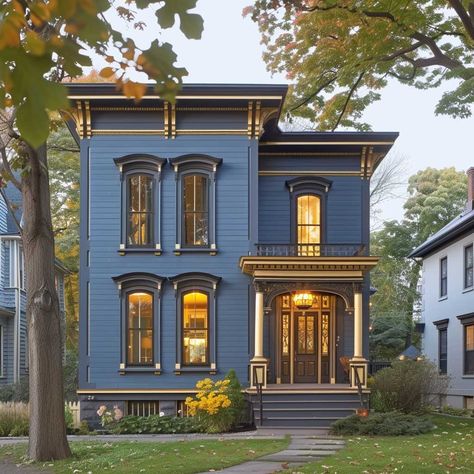 Dandelion Yellow and Slate Blue Exterior Paint Design for Cheerful Elegance • 333+ Images • [ArtFacade] 1890 House Exterior, House Color Design Exterior Paint, Cute Townhouse Exterior, Blue Victorian House Exterior, Beautiful Architecture Aesthetic, Vintage House Design Exterior, Italianate House Exterior, Old Style Homes, Exterior Paint Design