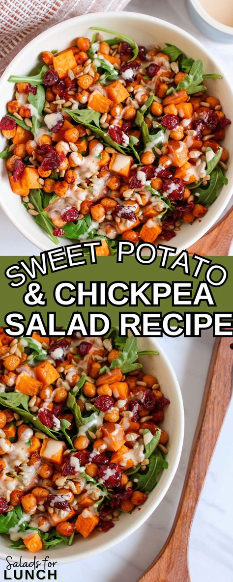 Sweet Potato and Chickpea Salad with Creamy Tahini Dressing Recipe Chickpea And Sweet Potato Salad, Lentil Sweet Potato Salad, Chickpea And Sweet Potato Recipes, Sweet Potato Chickpea Recipes, Sweet Potato Salad Recipe Healthy, Summer Sweet Potato Recipes, Sweet Potato Salad Cold, Sweet Potatoe Salad, Chickpea Salad Recipes Healthy