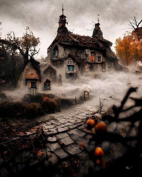 Abonded Houses, Witch Village, Gothic Cottage, Abandoned Place, Vampire Aesthetic, Creepy Houses, Spooky Fall, Spooky House, Fantasy House