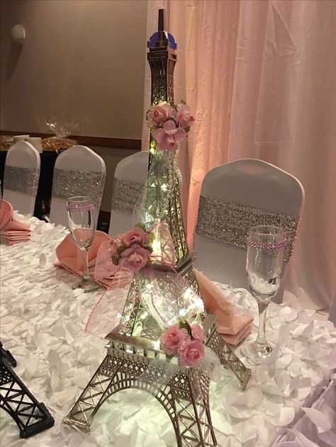 How to make an Eiffel Tower Centerpiece #paris Paris Theme Quinceanera Decorations, Paris Themed Wedding Ideas, Paris Centerpiece Ideas, Paris Theme Quinceanera, Paris Wedding Theme, Paris Theme Centerpieces, Paris Quinceanera Theme, Paris Themed Wedding, Paris Theme Party Decorations