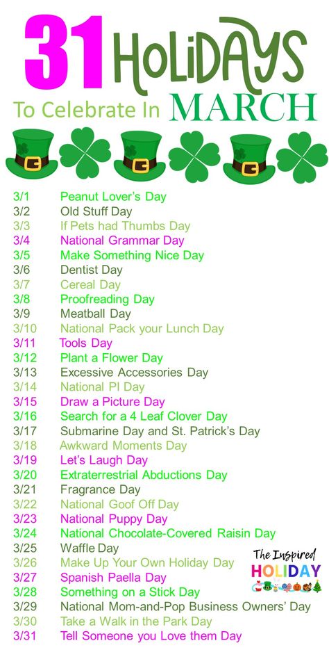 Celebrate all the wacky and silly March holidays with this handy guide. Celebrating the everyday is something that helps the people around you smile. So why not celebrate all the silly holidays throughout the year? March has draw a picture day, let's laugh day, national puppy day, WAFFLE DAY, Tell someone you love them day - I mean the March holidays are some of the BEST! You don't want to miss out on celebrating lifes moments with these great ideas. National Days In March 2023, Funny Holidays To Celebrate, Holidays In March 2023, March Holidays 2024, February Holidays 2023, March National Days 2024, National Fun At Work Day Ideas, March Calendar Ideas, National Day Ideas