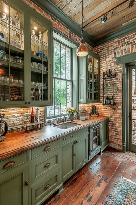 Green Color Cabinets, Hunters Green Kitchen, Farm Interior Design Ideas, Brick Kitchen White Cabinets, Sage Green Kitchen With Brick, Green Stained Wood Cabinets, Cozy Green Kitchen Aesthetic, Green Kitchen Cabinets Cabin, Brick And Green Kitchen