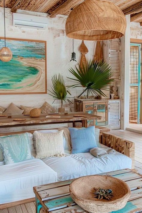 Artsy Beach House, Mexico Beach House Decor, Beachy Decorating Ideas Coastal Style, Boho Beach Apartment, Costa Rica Decor, Carribean Decor, Beach Apartment Decor Coastal Style, Coastal Midcentury Modern, Beachy Apartment Decor