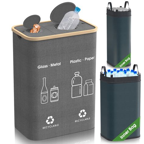 PRICES MAY VARY. UPGRADED LARGE CAPACITY: The size of the bottle recycling bin is 21.1*13.3*27.5in, and the volume is 125 liters, giving you plenty of room to store paper, cans, glass bottles and mineral water bottles, etc. INNOVATIVE FLIP LID DESIGN: The top of the recycling bin is equipped with a small hole and a baffle, which is convenient for putting recycling materials in, and effectively shields unpleasant odors. REUSABLE & EASY CLEANING: The recycling bin is made of high-quality thickened Recycling Bins Kitchen, Recycling Materials, Mineral Water Bottle, Recycle Bin, Waste Bin, Mineral Water, Recycled Bottles, Recycling Bins, Organization Ideas