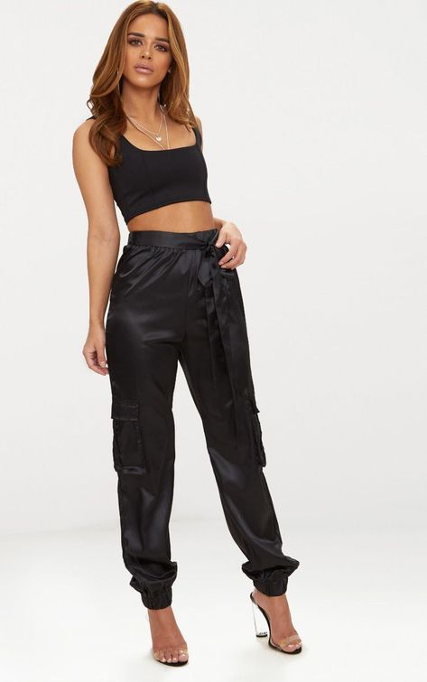 Petite Black Satin Cargo Pants Satin Cargo Pants Outfit, Black Satin Cargo Pants, Satin Pants Outfit, Satin Cargo Pants, Petite Womens Clothing, Sweat Noir, Black Satin Fabric, Satin Joggers, Satin Noir