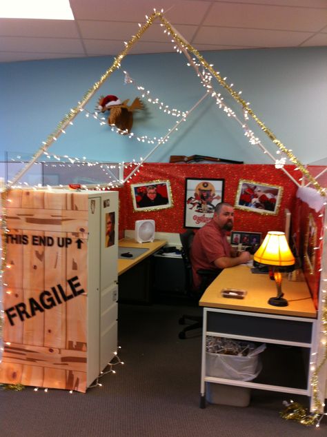 During our holiday cube decorating contest, the winner decked his out in full "A Christmas Story" glory, complete with a leg lamp! Office Christmas Decorations Contest, Christmas Cubicle Decorations, Cube Decor, Office Cube, Christmas Door Decorating Contest, Door Decorating Contest, Office Cubicle, Cubicle Decor, Office Christmas Decorations