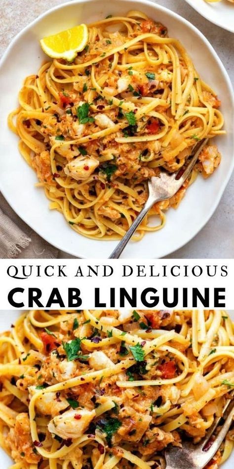 Fancy Crab Dinner, Crab Linguini Recipe, Shrimp And Crab Linguine Recipe, Pasta Crab Recipes, Quick Linguine Recipes, Crab Pasta Recipes Healthy, Crab Pasta Dishes, Lump Crab Meat Pasta Recipes, Pasta For Seafood