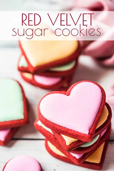 Red Velvet Sugar Cookie, Valentine’s Day Sugar Cookies Recipe, Homemade Red Velvet Cookies, Red Velvet Cookies Valentines Day, Red Velvet Cutout Cookies, Valentine's Cookies Recipe, Decorating Heart Cookies, Red Velvet Heart Cookies, Flavored Cutout Cookies