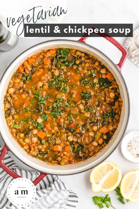 Vegetarian Lentil and Chickpea Soup - a vegetarian lentil soup recipe full of rich Moroccan-inspired flavors that’s packed with fiber, veggies, and protein! Great for meal prep! Mediterranean Soups, Lentil And Chickpea Soup, Fiber Veggies, Lentil And Chickpea, Chickpea Lentil, Vegetarian Lentil Soup, Moroccan Soup, Lentil Soup Recipe, Dried Lentils